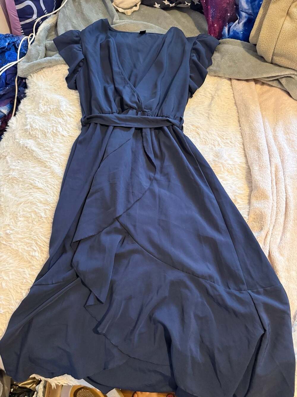 SHEIN Ruffle Trim Belted Wrap Dress Size XL Blue